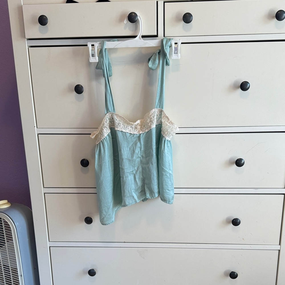 Women's Blue Lace Trim Blouse